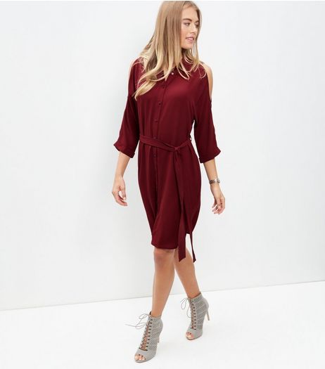 Burgundy Cold Shoulder Shirt Dress | New Look