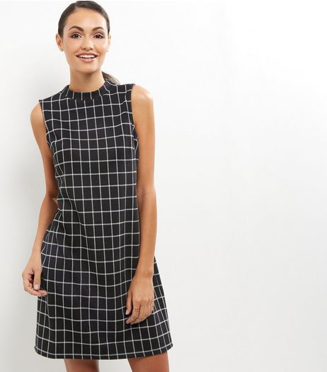 Black Grid Print High Neck Tunic Dress | New Look