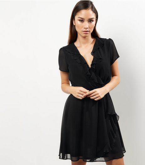 Black Chiffon Frill Trim Wrap Front Dress | New Look