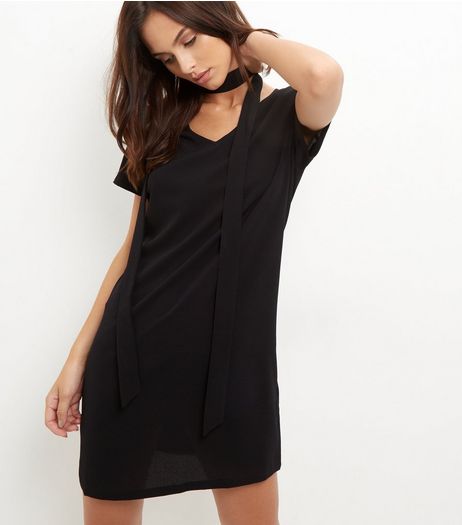 Black Tie Neck Short Sleeve Tunic Dress | New Look