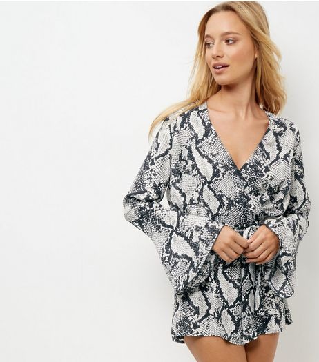 Cameo Rose Black Snakeskin Print V Neck Playsuit | New Look