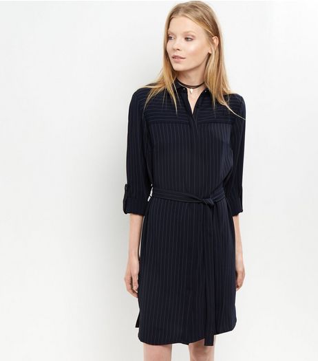 Navy Premium Tailored Pinstripe Print Shirt Dress | New Look