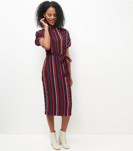 Burgundy Stripe Pleated Tie Waist Midi Dress | New Look