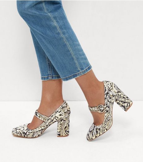 Black Abstract Print Block Heel Court Shoes | New Look