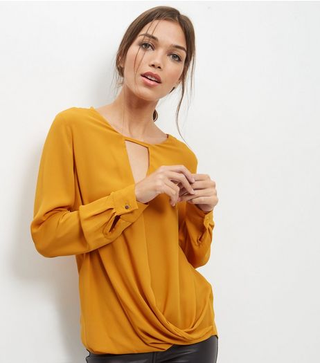 Yellow Cut Out Front Long Sleeve Wrap Front Top | New Look