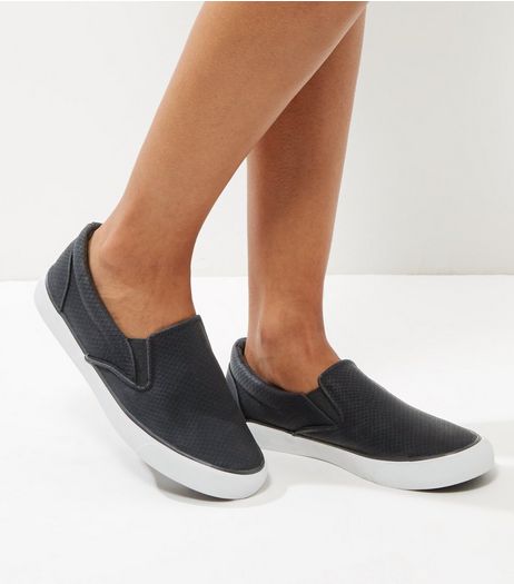 Black Snakeskin Textured Slip On Plimsolls | New Look