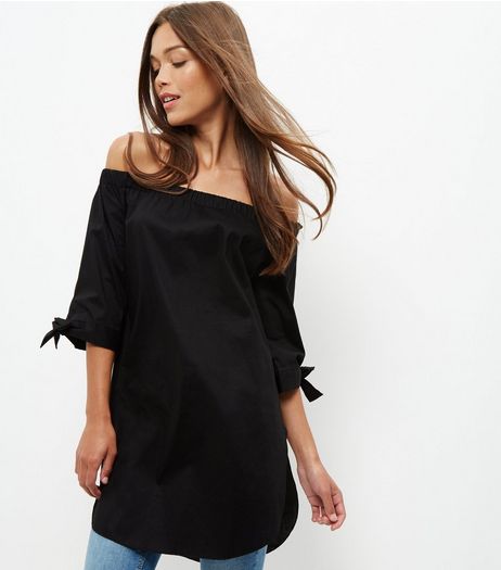 Black Bardot Neck Tie Sleeve Longline Top | New Look