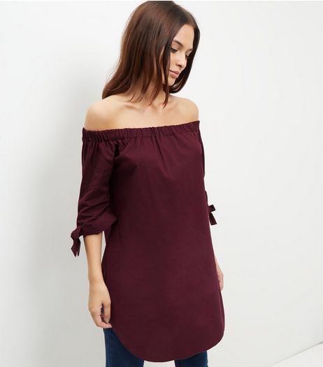 Burgundy Bardot Neck Tie Sleeve Longline Top | New Look