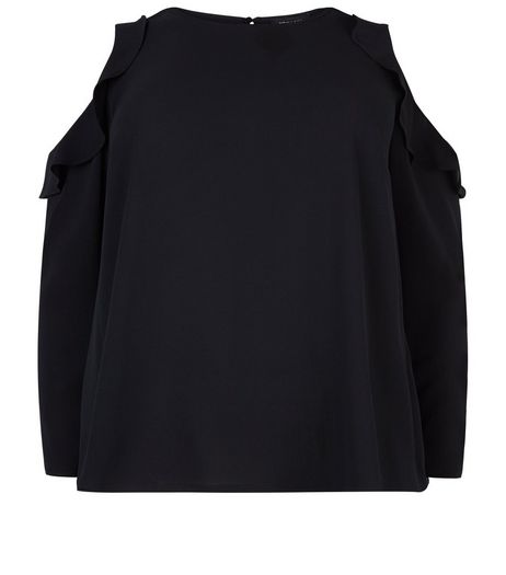 Curves Black Cold Shoulder Frill Trim Top | New Look
