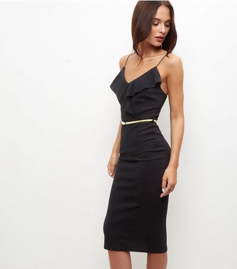 Black Frill Trim Belted Bodycon Dress | New Look