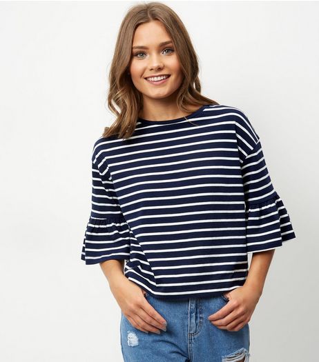 Blue Stripe Bell Sleeve Boxy Top | New Look