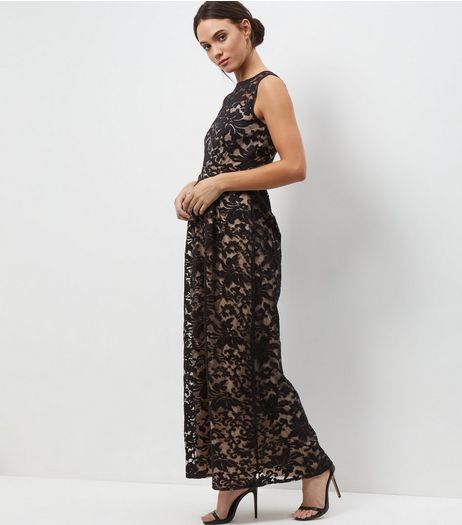 Mela Black Floral Lace Embroidered Overlay Maxi Dress | New Look