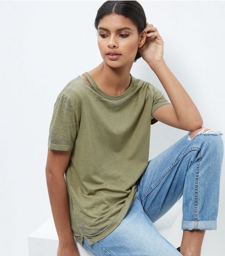 Olive Green Symmetric Ripped Neck T-Shirt | New Look