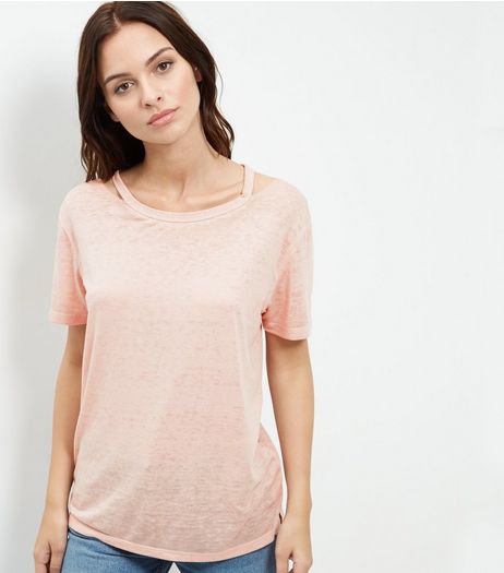 Mid Pink Symmetric Ripped Neck T-Shirt | New Look