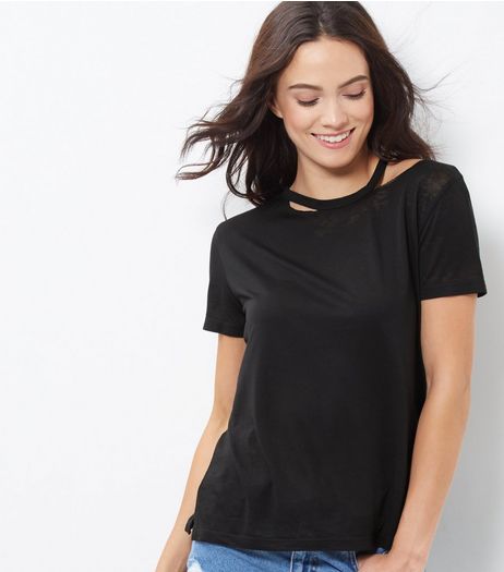 Black Asymmetric Ripped Neck T-Shirt | New Look