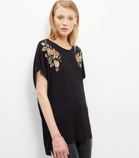 Black Textured Floral Print Batwing T-Shirt | New Look