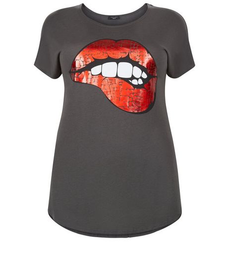 Curves Dark Grey Textured Lip T-Shirt | New Look