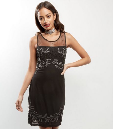 Mela Black Mesh Panel Bead Embellished Dress | New Look