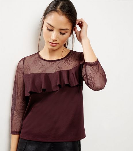 Burgundy Lace Panel Frill Trim Top | New Look