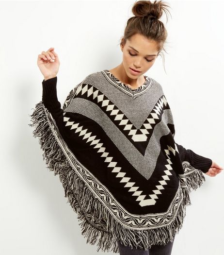 Mela Black V Neck Abstract Print Tassel Hem Poncho | New Look