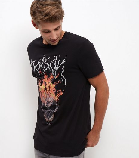 Black Flame Skull T-Shirt | New Look