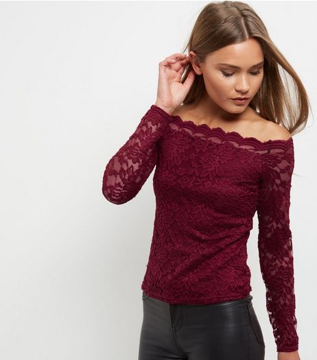Burgundy Lace Scallop Hem Bardot Neck Top | New Look