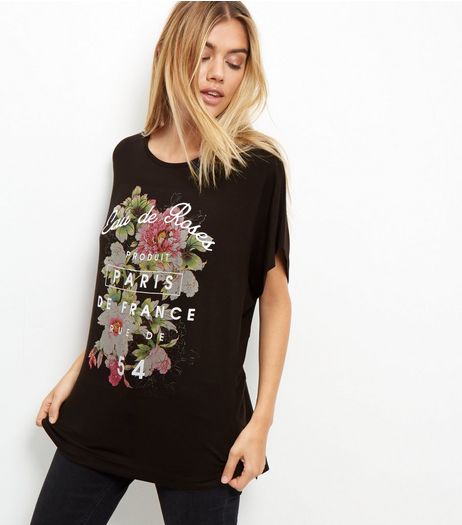 Black Rose Print Cocoon T-Shirt | New Look