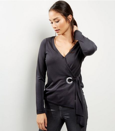 Black Eyelet Detail Tie Wrap Top | New Look