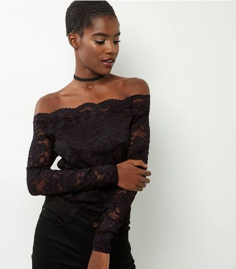 Black Lace Scallop Hem Bardot Neck Top | New Look