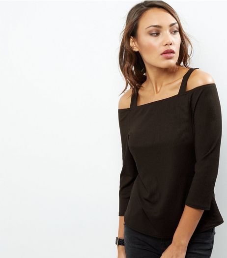 Black Ribbed Bardot Neck Cold Shoulder Top | New Look