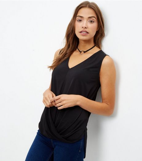 Tall Black Wrap Front Sleeveless Top | New Look