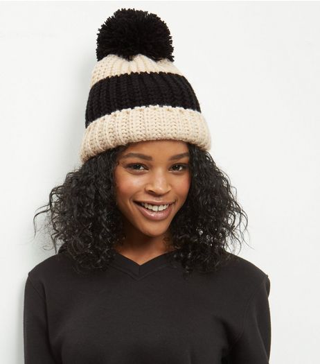 Monochrome Stripe Bobble Hat | New Look
