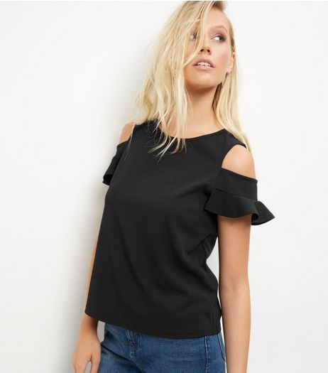 Black Frill Trim Cold Shoulder Top | New Look
