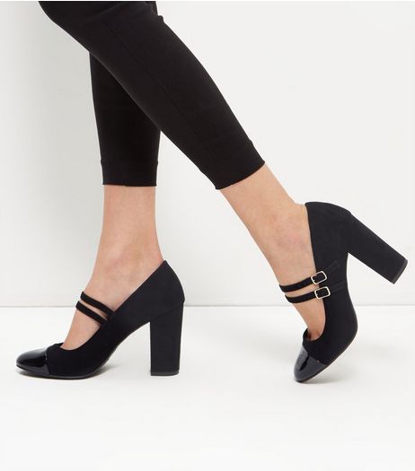 Black Suedette Double Strap Block Heel Court Shoes | New Look