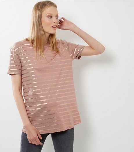 Mink Stripe Metallic T-Shirt | New Look