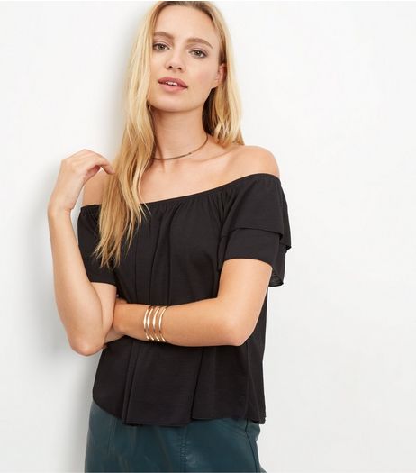 Black Layered Ruffle Trim Bardot Neck Top | New Look
