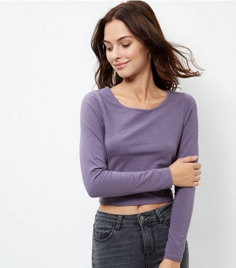 Dark Purple Scoop Neck Long Sleeve Crop Top | New Look