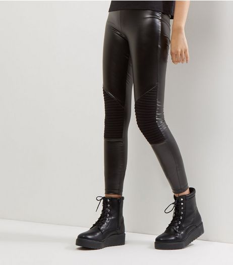 JDY Black Leather-Look Knee Pad Biker Leggings | New Look