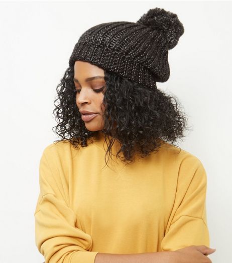 Black Metallic Pom Pom Bobble Hat | New Look