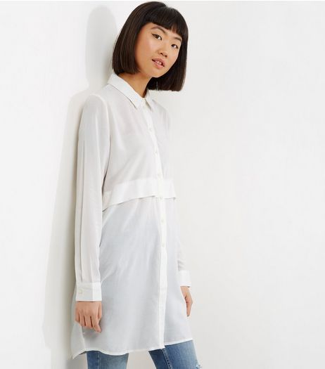 JDY Cream Fold Over Long Sleeve Longline Shirt | New Look