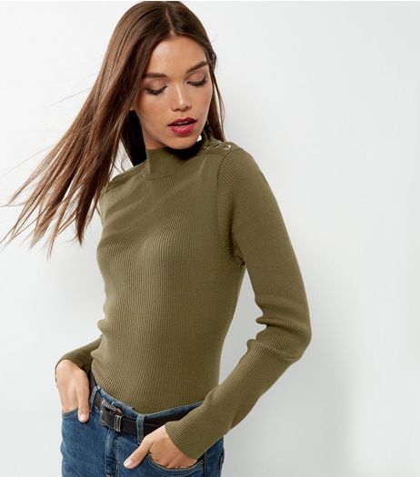 Olive Green Ribbed Button Neck Jumper | New Look