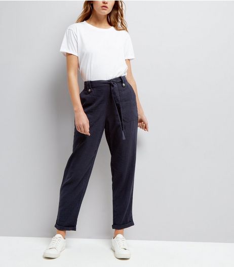 Navy Linen Slim Leg Trousers | New Look