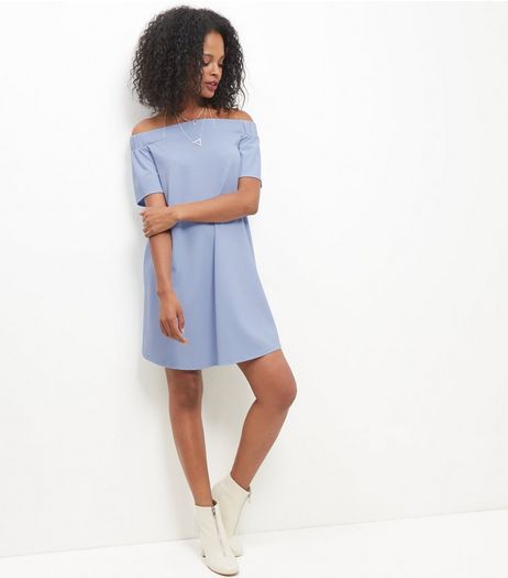 Pale Blue Scuba Bardot Neck Dress | New Look
