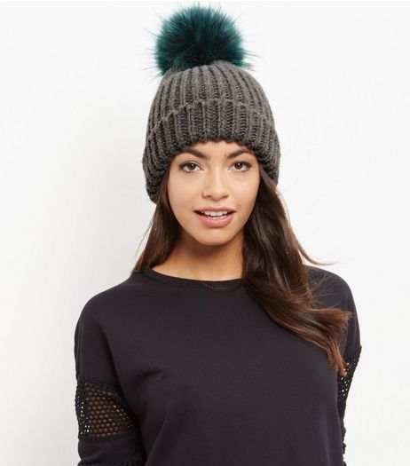 Grey Faux Fur Pom Pom Hat | New Look