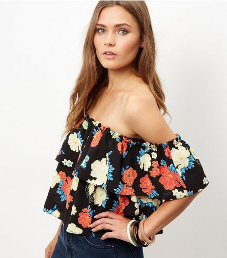 Cameo Rose Black Floral Print Bardot Neck Top | New Look
