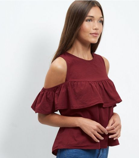 Loving This Burgundy Frill Trim Cold Shoulder Top | New Look