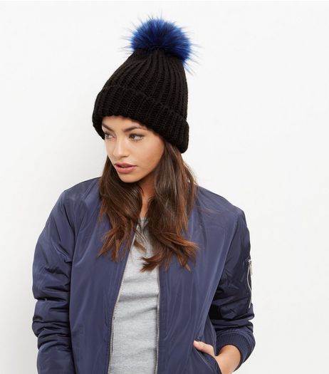 Black Faux Fur Pom Pom Hat | New Look
