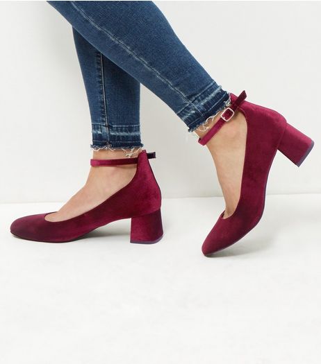 Wide Fit Dark Red Velvet Block Heels | New Look