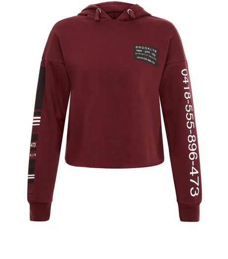 Teens Burgundy Phone Number Print Hoody | New Look