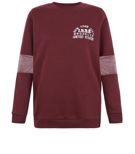 Teens Burgundy Mesh Sleeve 1998 Print Sweater | New Look